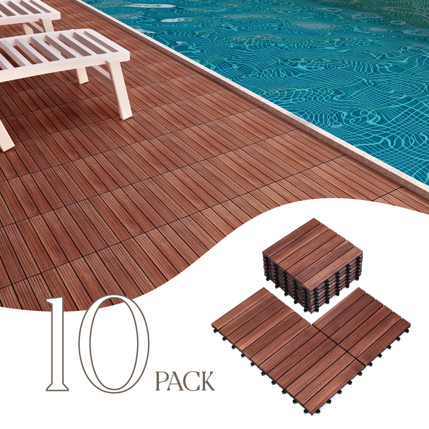 TimberWave Pack of 10 Deck Tiles, Solid Acacia Wood Floor Tiles, Patio Tiles Outdoor Interlocking Waterproof All Weather, with Grooves Decrease Skidding (10, Dark Brown, 12'' x 12" - 6 Slat) - WoodArtSupply