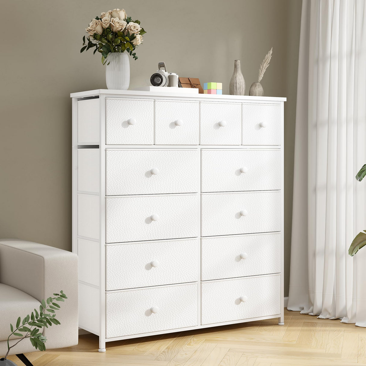 Bepatio Dresser for Bedroom with 12 Drawers Tall Dressers for Bedroom Fabric Dressers & Chest of Drawers with Sturdy Metal Frame, Wood Top, for Girls, Closet, 40.6" W x 11.8" D x 44.5" H (White) Bepatio