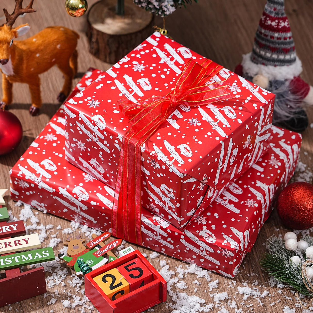 ZINTBIAL Christmas Wrapping Paper for Kids Adults - Xmas Wrapping Paper with Red/Black Plaid, Reindeer, Gnome, “Ho Ho” Words - 28 x 40 Inches, 6 Jumbo Sheets, Easy to Store ZINTBIAL