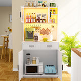 Gurexl 64" Farmhouse Kitchen Pantry with Auto Sensor LED,Storage Cabinets with 2 Outlets for Microwave & USB-C Ports,Hutch Cabinet with Pegboard,2 Cabinet,2 Drawers,1 Large Countertop Gurexl