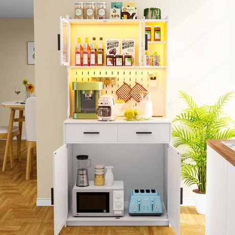 Gurexl 64" Farmhouse Kitchen Pantry with Auto Sensor LED,Storage Cabinets with 2 Outlets for Microwave & USB-C Ports,Hutch Cabinet with Pegboard,2 Cabinet,2 Drawers,1 Large Countertop Gurexl