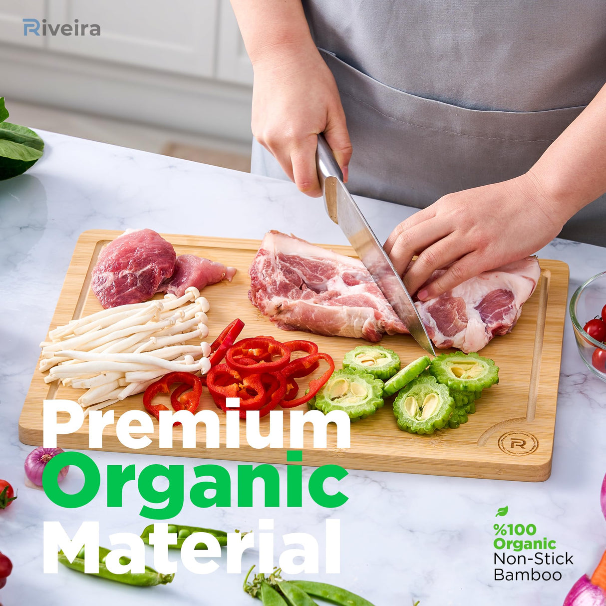 Riveira Wood Cutting Board – Gourmet Bamboo Grandeur: 18 x 12 Bamboo Cutting Boards For Kitchen – Natural Wooden Cutting Boards For Kitchen – Innovative Juice Grooves Bamboo Cutting Board Riveira