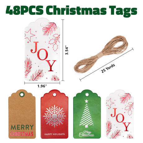 48 pcs Christmas Gift Tags for Presents, Elegant Kraft Name Tags with String for Holiday Personalizing Gift Wrapping(Red Joy, Green Christmas Tree) Luckonway