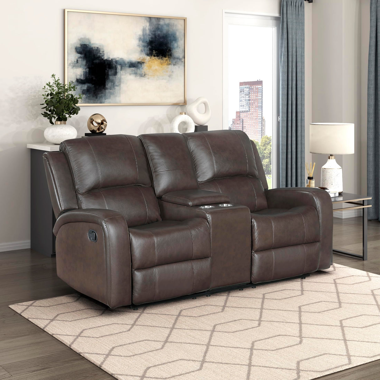 Lexicon Manual Double Reclining Loveseat with Center Console, Top Grain Leather Match Wall Hugger Recliner Loveseat, Storage, Cup Holders, High Density Foam Over Pocket Coils, for Living Room, Brown Lexicon