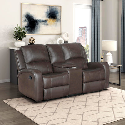 Lexicon Manual Double Reclining Loveseat with Center Console, Top Grain Leather Match Wall Hugger Recliner Loveseat, Storage, Cup Holders, High Density Foam Over Pocket Coils, for Living Room, Brown