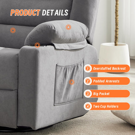 Sftaiyou 360°Swivel Rocker Recliner Chair for Adults,Manual Glider Recliner Sofa with Massage and Heating, Nursery Rocking Chairs with Cup Holds for Living Room Bedroom(Grey) Sftaiyou