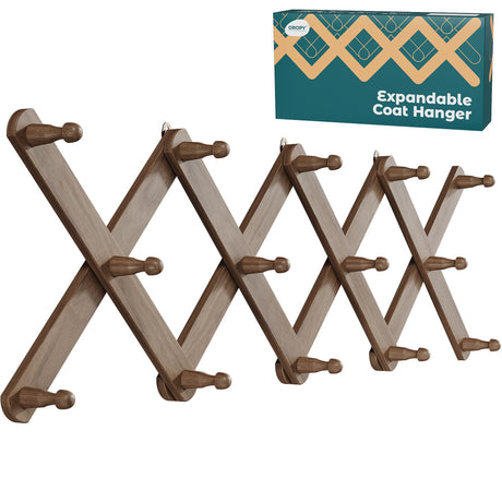 OROPY Wood Accordion Wall Hanger, Expandable Coat Rack Wall Mount with 14 Pegs, Expanding Hat Rack for Wall, X Shape, 27"×10", Walnut Color OROPY