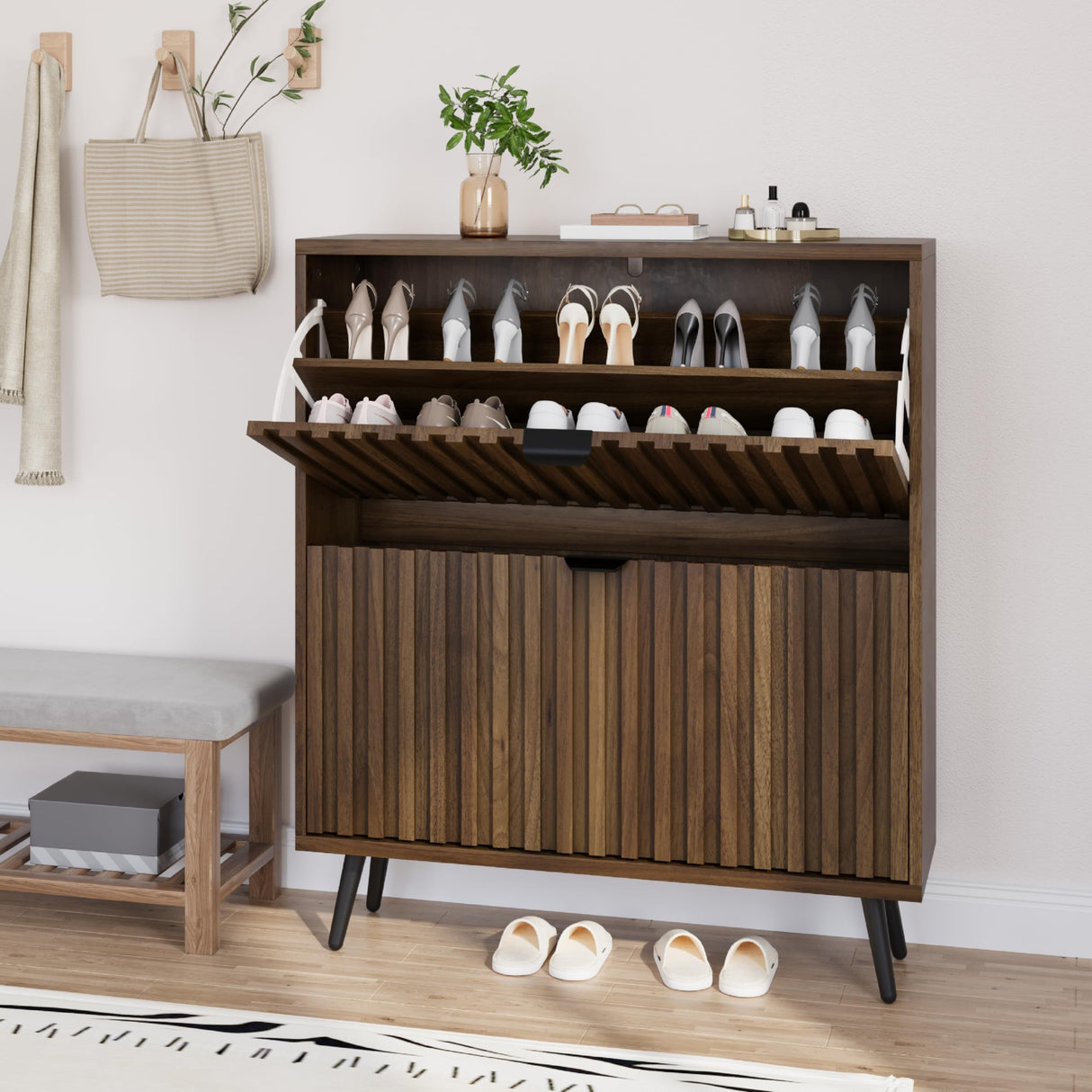 Smuxee Shoe Cabinet with 2 Flip Drawers, 31.5" Walnut Hidden Shoe Storage Cabinet with Fluted Design, Freestanding Shoe Organizer Cabinet for Entryway, Hallway, Closet, Living Room Smuxee