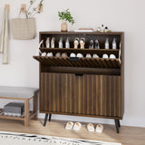 Smuxee Shoe Cabinet with 2 Flip Drawers, 31.5" Walnut Hidden Shoe Storage Cabinet with Fluted Design, Freestanding Shoe Organizer Cabinet for Entryway, Hallway, Closet, Living Room Smuxee