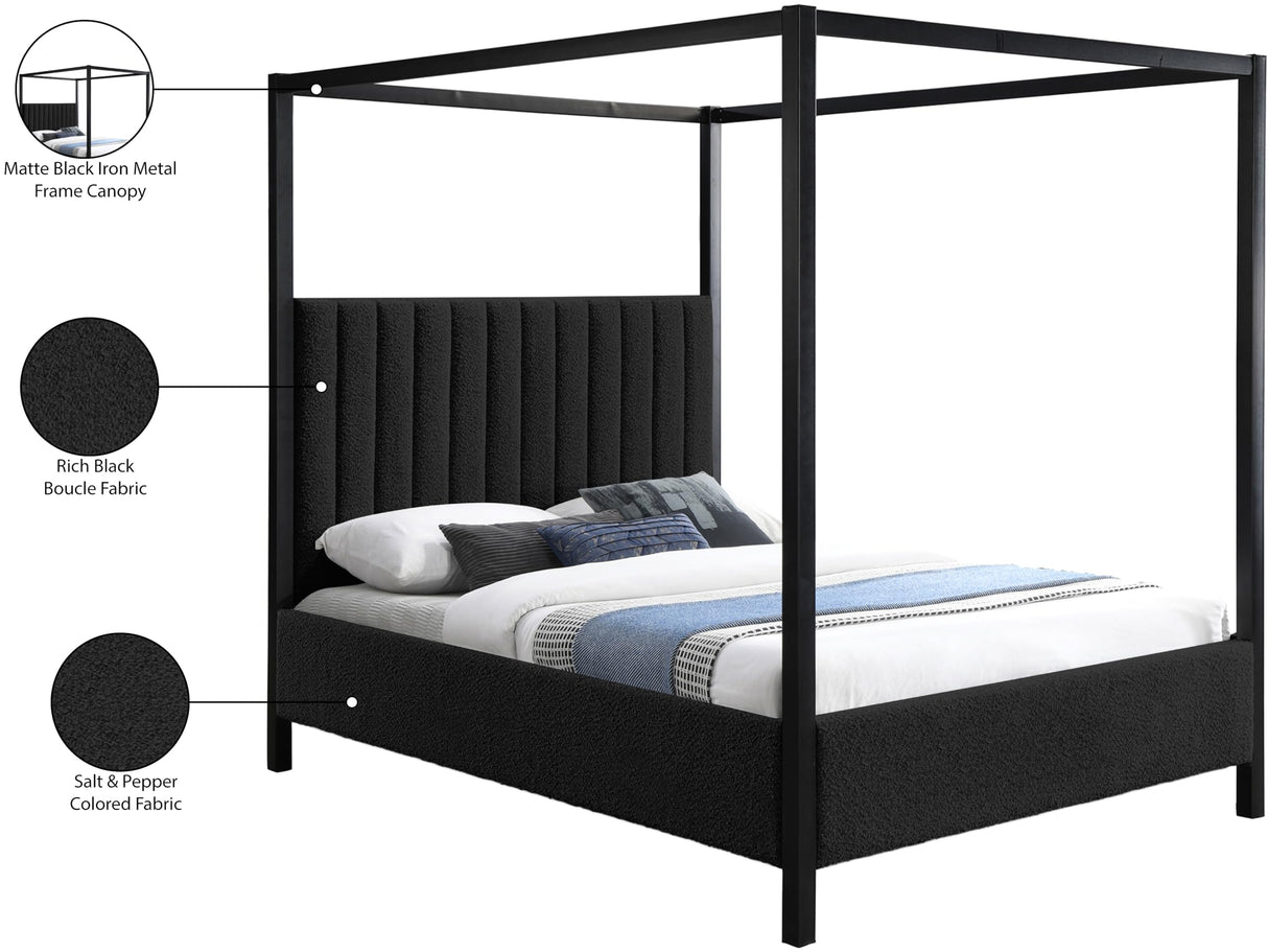 Meridian Furniture KellyBlack-K Kelly Collection Modern | Contemporary King Bed with Rich Black Boucle Fabric, Matte Black Iron Metal Frame Canopy, 78.5" W x 84.5" D x 77" H, Black, King Meridian Furniture