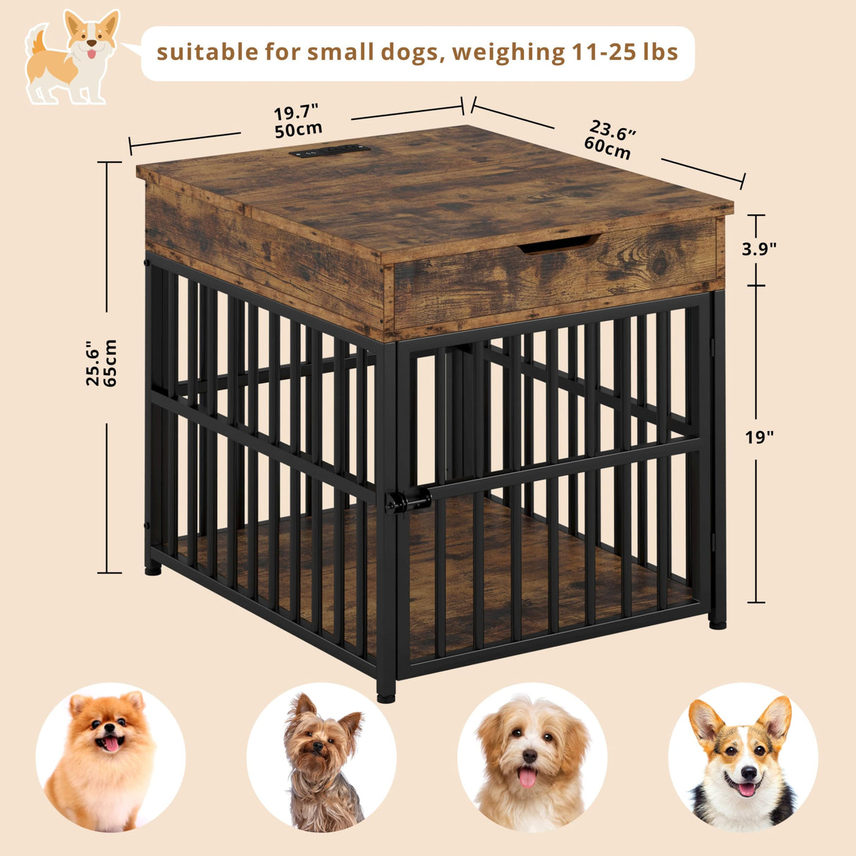 IRONCK Dog Crate Furniture for Small Dogs, Wooden Dog Kennel with Flip Top Drawer, Indoor Pet Crate End Table with Charging Station, Steel-Tube Dog Cage, Rustic Brown IRONCK