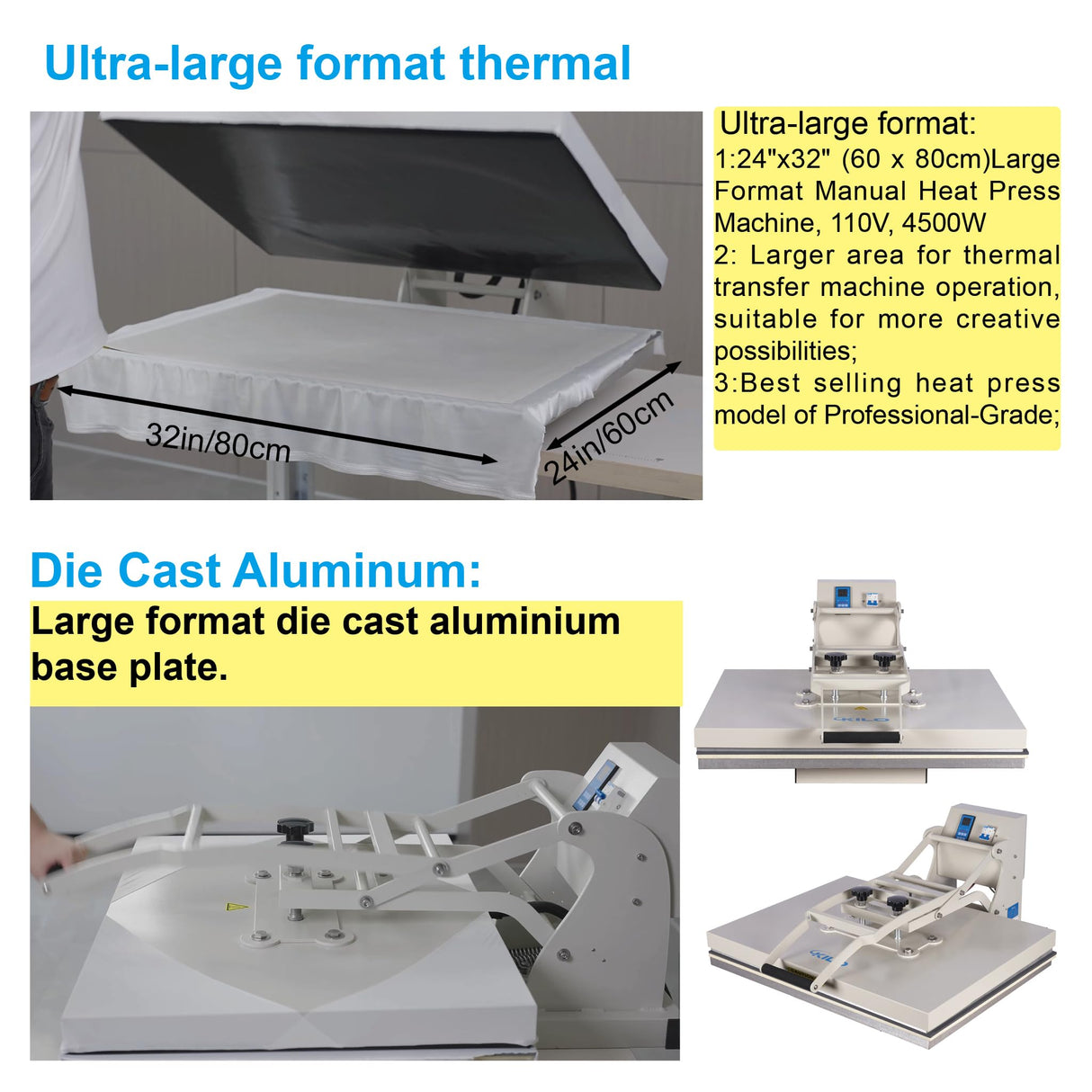 ZJBFXY88 24x32 Large Format Manual Heat Press Machine, Single Platen, Double Pressure Rods, 110V, 4500W (No Plug) (Grey, 24 x 32'' (60 x 80cm)) ZJBFXY88