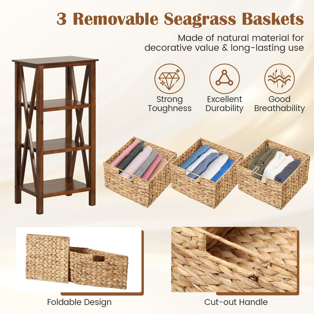 Giantex 3-Tier Nightstand with 3 Wicker Baskets, Wooden X-Design Side Table End Table, Beside Table with Acacia Wood Legs, Mid Century Accent Storage Cabinet for Small Spaces, Bedroom, Walnut Giantex