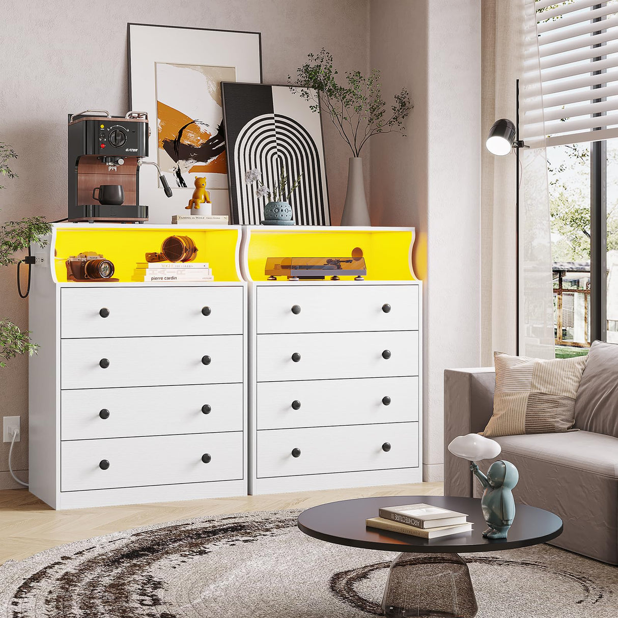 Hasuit White Dresser with Charging Station, LED Dresser with 4 Large Drawers, Chest of Drawers with Open Space, Large Capacity Tall Storage Cabinet, White Dresser for Bedroom Hasuit