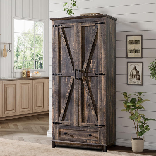 LUXOAK Farmhouse Kitchen Pantry Cabinet, 72" Tall Storage Cabinet with Adjustable Shelves & Barn Doors, Freestanding Kitchen Cupboard for Dining Room, Living Room, Dark Rustic Oak - WoodArtSupply