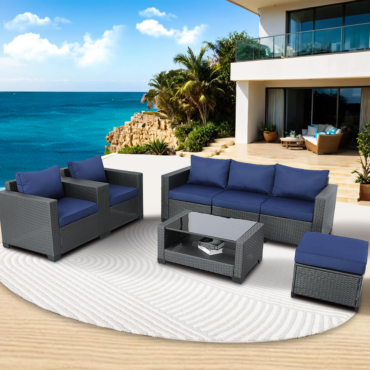 OSGMMOSG Patio Furniture Set Outdoor Furniture,Outdoor Patio Furniture 7 Pieces,Wicker Patio Furniture with Footstool and Coffee Table,Outdoor Couch for Porch, Poolside, Garden or Backyard OSGMMOSG