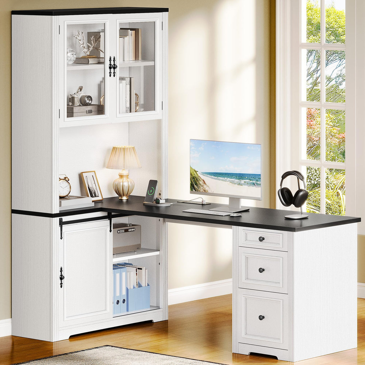 YITAHOME L Shaped Executive Desk with Hutch and Drawers, Farmhouse Home Office Desk with Power Outlet, Wood Corner Computer Desk with Sliding Door, Storage Cabinet with Glass Door, White & Black YITAHOME
