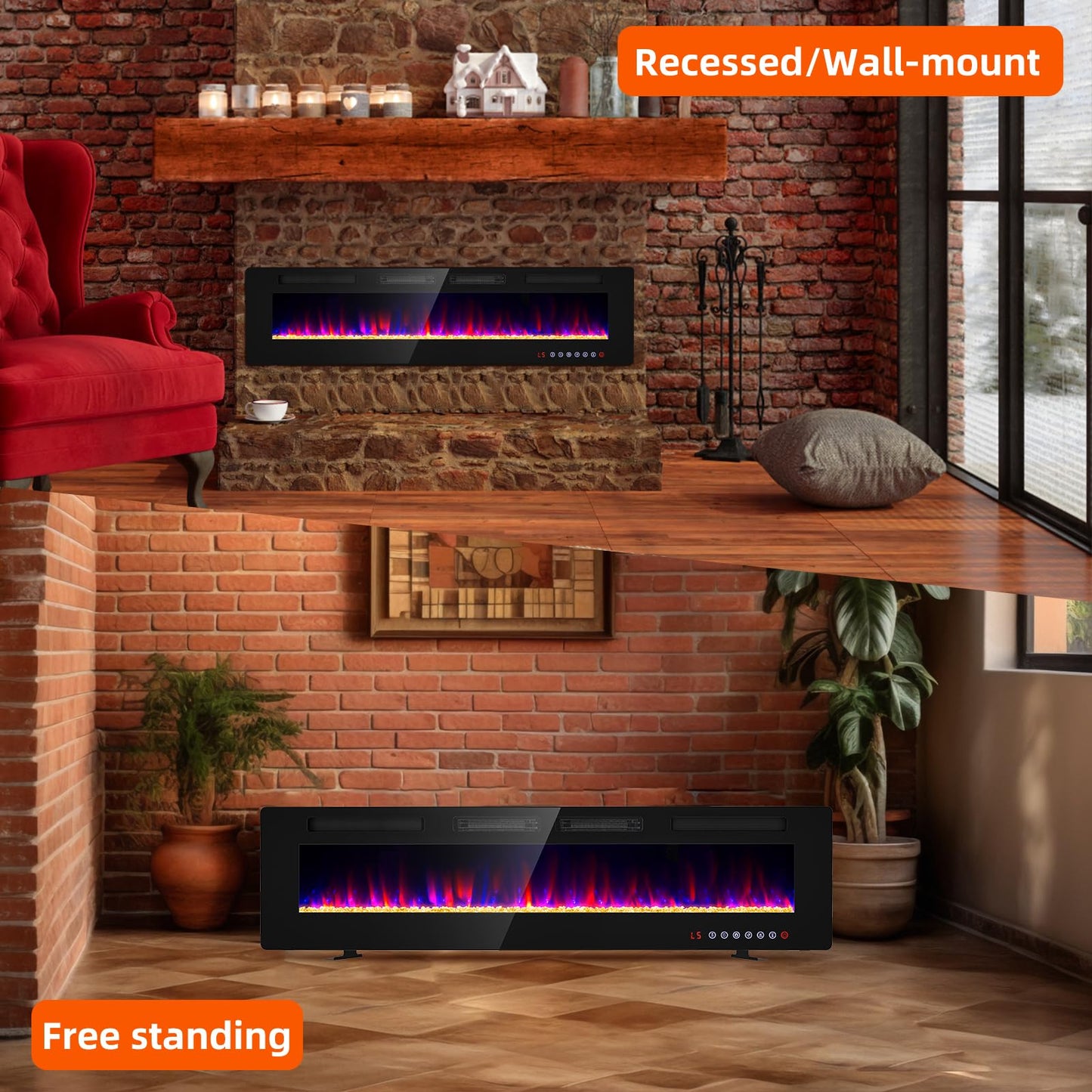 BREEZEHEAT 72 inch Electric Fireplace Wall Mounted/Freestanding-Ultra Thin Fireplace Inserts for Living Room with Double Heat Vent, Remote Control, Touch Screen, Led Flame, 8H Timer, 750w/1500w