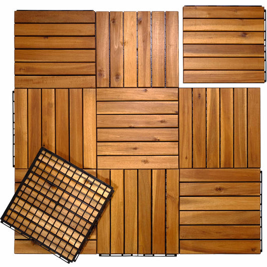 Outdooresta Interlocking Deck Tiles 10 Pcs - 12x12" Acacia Wood Patio Tile Indoor Floor - Outdoor All Weather - Balcony Decorations for Apartment - Wooden Patio Flooring Planks Outdoor Waterp - WoodArtSupply