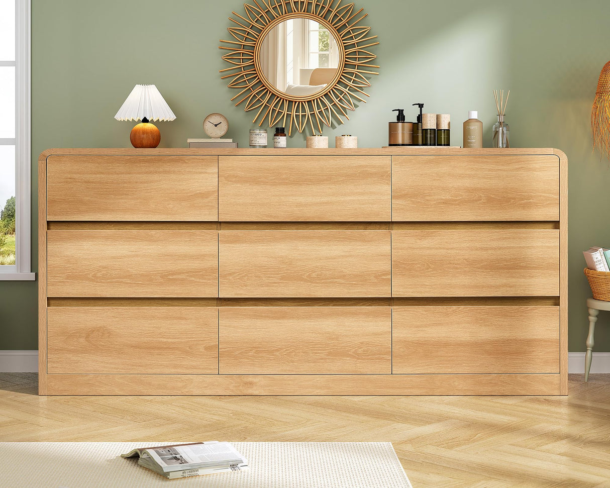 TEENFON 9 Drawer Dresser for Bedroom, 63" Wide Dressers & Chest of Drawers with Curved Profile Design, Wood Closet Storage Dressers Organizer for Bedroom, Living Room, Natural TEENFON
