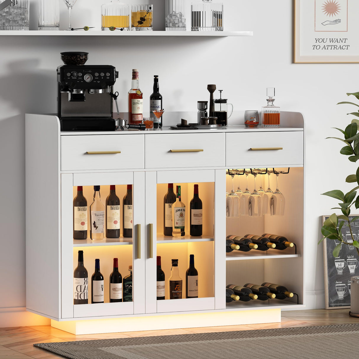 Wine Bar Cabinet with LED Strips, 47.1" Wine Cabinet with 3 Drawer and Power Outlet, Modern Liquor Cabinet with 2 Adjustable Shelves and 2 Glass Door for Living Room, Dining Room wanan