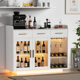 Wine Bar Cabinet with LED Strips, 47.1" Wine Cabinet with 3 Drawer and Power Outlet, Modern Liquor Cabinet with 2 Adjustable Shelves and 2 Glass Door for Living Room, Dining Room wanan
