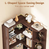 Cyclysio Corner Shelf 6 Tiers Large Tall Corner Bookshelves with Baffle, 71" L-Shaped Bookcase Display Shelves with Open Storage for Bedroom, Home Office, Living Room & Kitchen (Black Walnut) Cyclysio