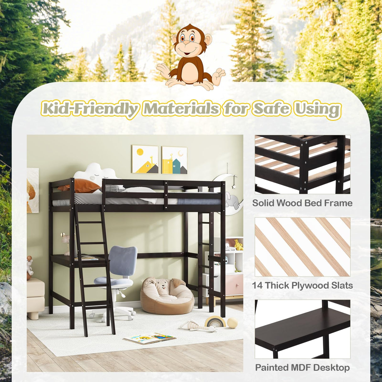 KOMFOTT Solid Wood Twin Loft Bed with Integrated Desk and Dual Ladders KOMFOTT