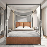 PAUKIN Canopy Bed Frame Queen Size with Upholstered Headboard, Sturdy and Stable, Easy to Assemble, Metal Bar Support, no Spring Mattress Required. (Brown, Queen) PAUKIN