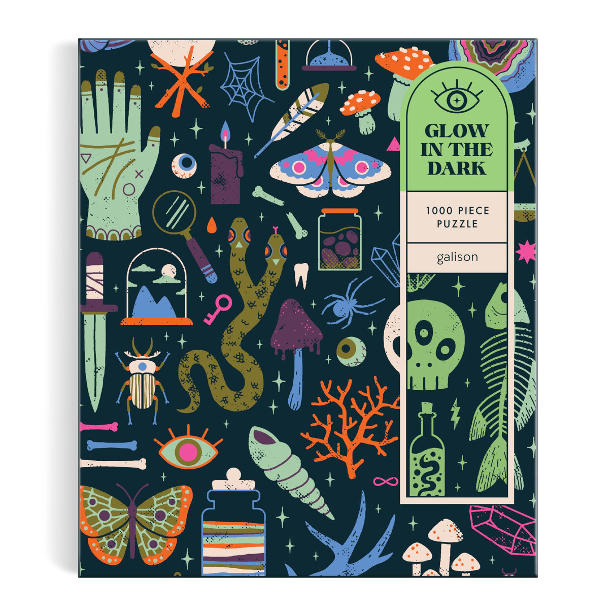Galison Occult and Curious – 1000 Piece Glow in The Dark Jigsaw Puzzle Featuring an Eerie Collection of Creepy and Spooky Objects Galison