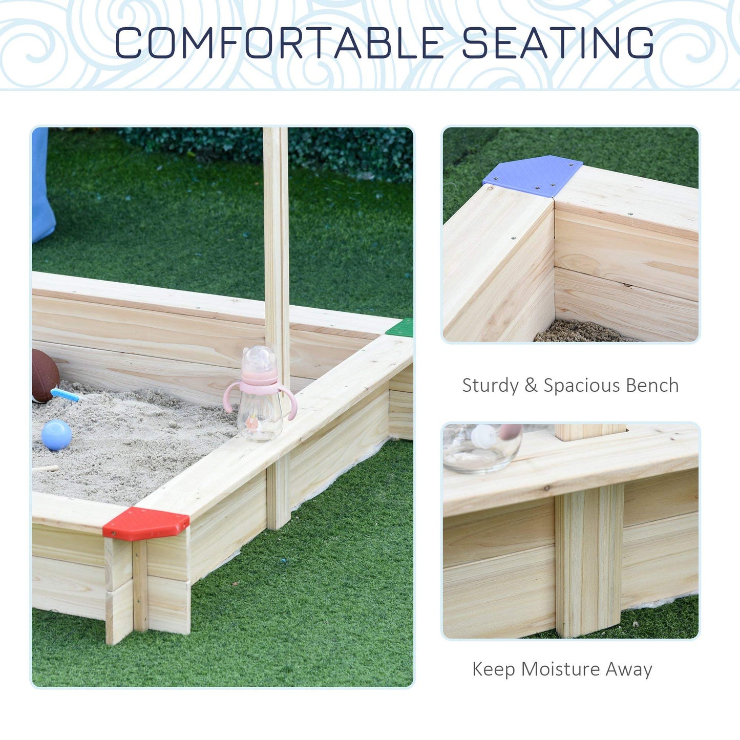 Outsunny Wooden Sandbox w/Adjustable Canopy, Children Outdoor Playset Weather Resistant 47" L x 47" W x 47" H, Natural & Blue - WoodArtSupply