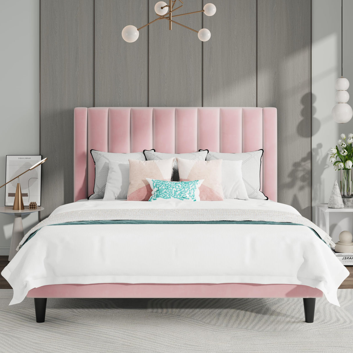 SHA CERLIN Full Bed Frame/Velvet Upholstered Platform Bed Frame with Headboard/Strong Wood Slats Support/Mattress Foundation/No Box Spring Needed - Pink SHA CERLIN