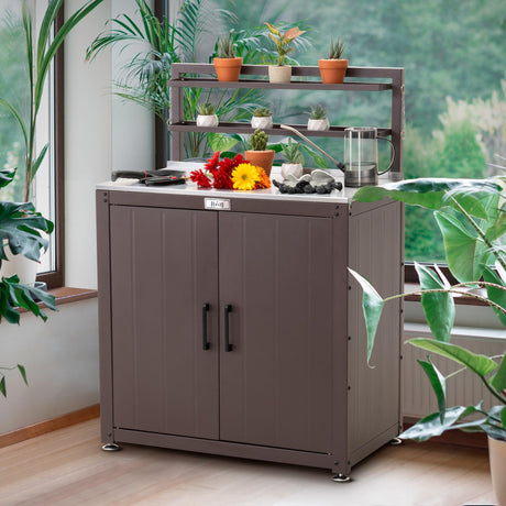 Garden Potting Bench with Storage Cabinet,Outdoor Gardening Table & Work Bench for Plants, Horticulture,Outdoor Workstation with Stainless Steel Tabletop,Outdoor Work Table with Elevated Rack Feasto