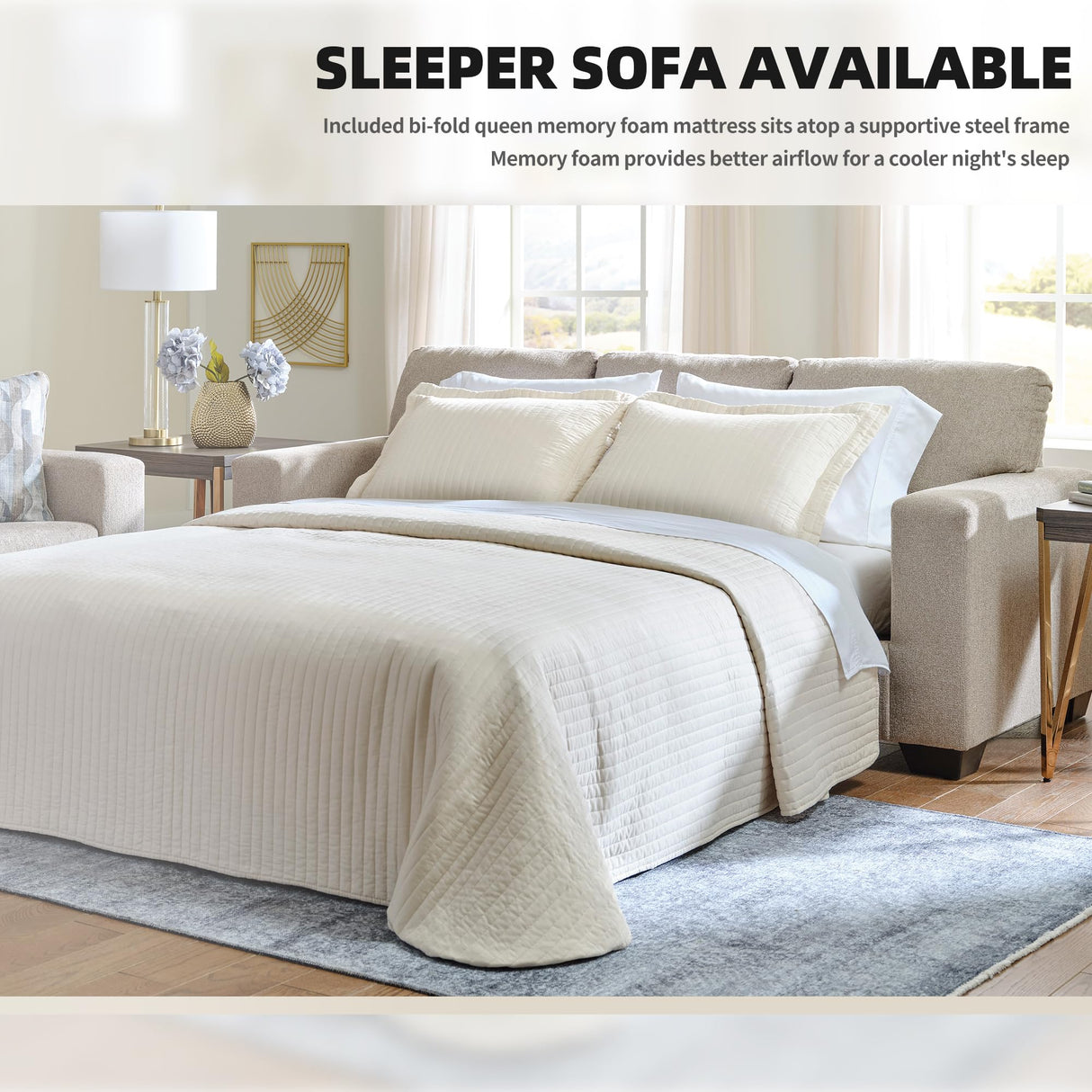 Signature Design by Ashley Deltona Contemporary 2-in-1 Sofa Sleeper with Folding Gel Memory Foam Mattress and 2 Accent Pillows, Queen, Beige Signature Design by Ashley