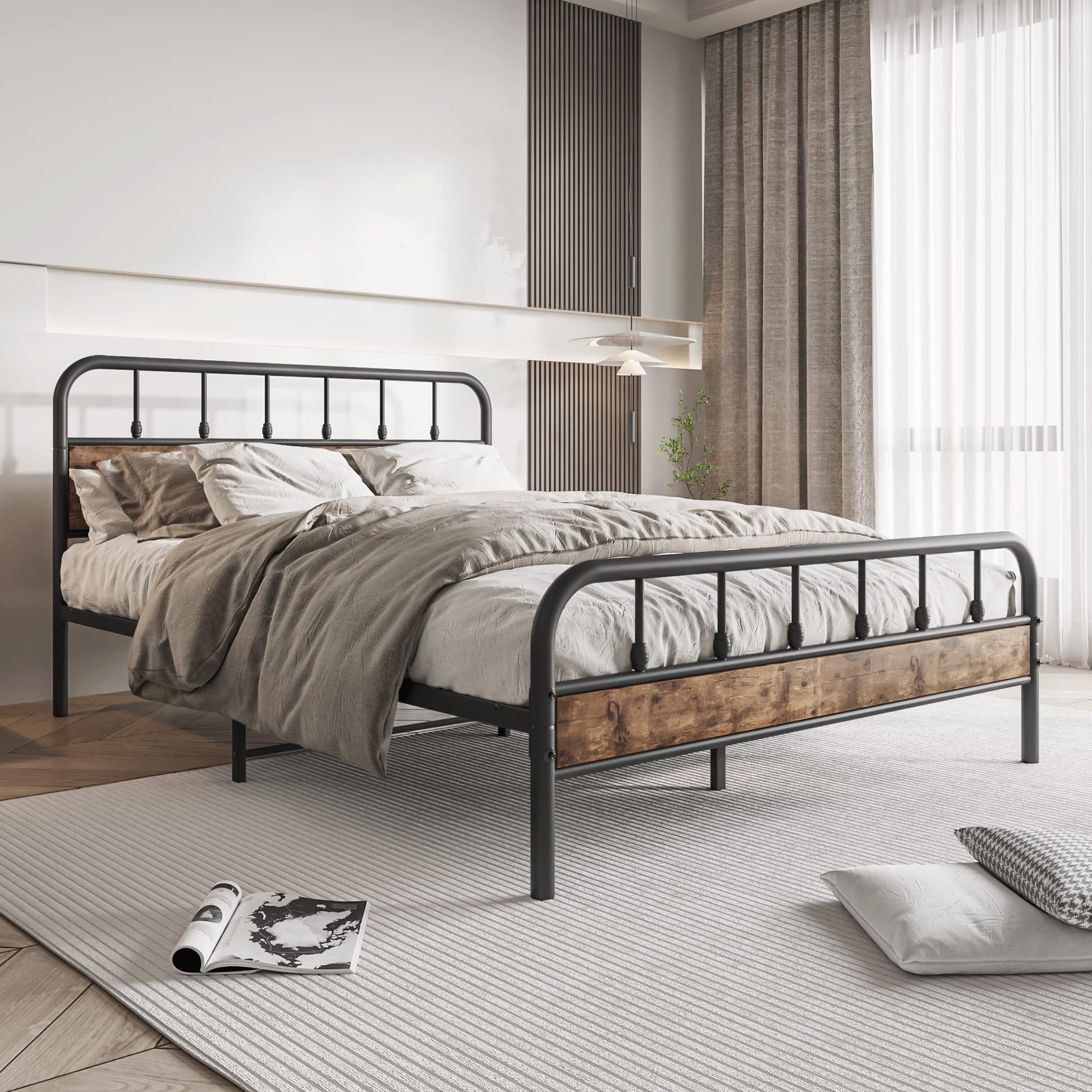 Elegant Home Products Black Queen Bed Frame with Wood Headboard - Sturdy Metal Platform Design, Easy Assembly & No Box Spring Needed - WoodArtSupply