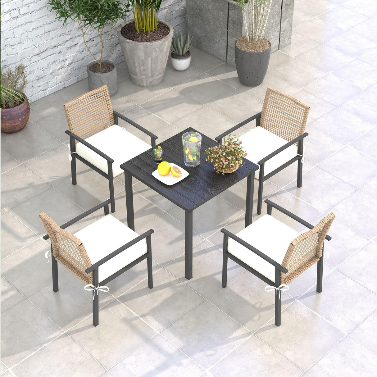 Outsunny 5 Pieces Outdoor Dining Set for 4, Wicker Rattan Patio Furniture Set, Patio Table and Chairs Set with Cushions, Square Metal Table Top, Conversation Set for Garden, Backyard, Deck, Beige Outsunny