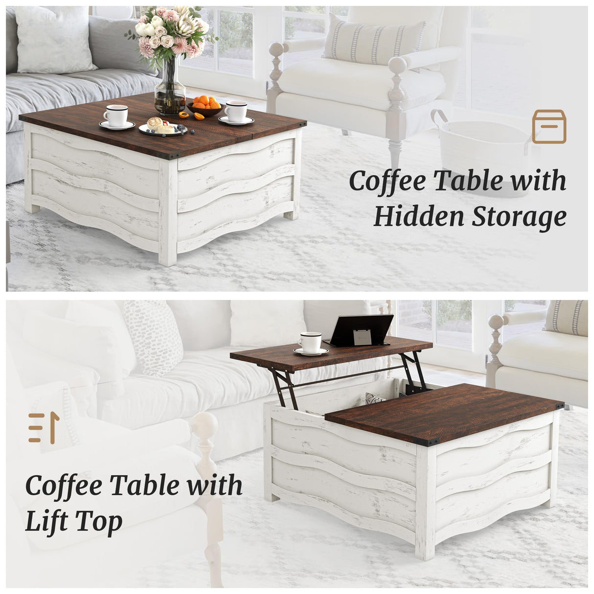 Cozyman 35.6" Lift Top Coffee Table with Storage, Farmhouse Coffee Table for Living Room with Large Hidden Storage Compartment, Wood Square Center Coffee Tables with Flexible Hinged Lift Top, White Cozyman