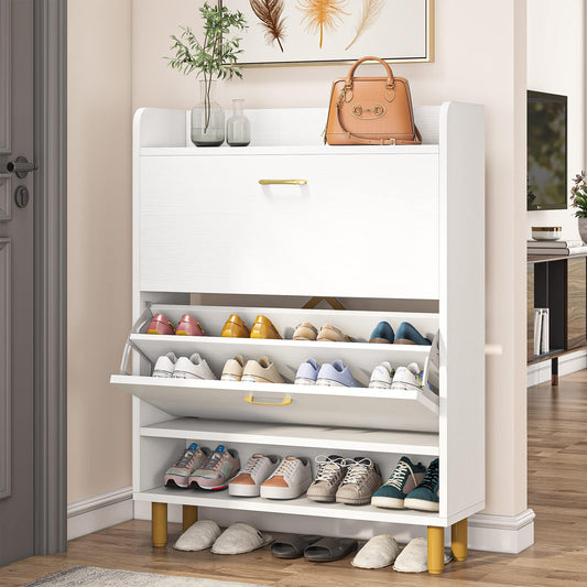 Tribesigns Shoe Cabinet, 2-Tier Shoe Storage Cabinet with Flip Doors, Vintage Entryway Shoe Organizer Rack with Open Shelves for Narrow Closet, Entryway, Living Room, White & Gold - WoodArtSupply