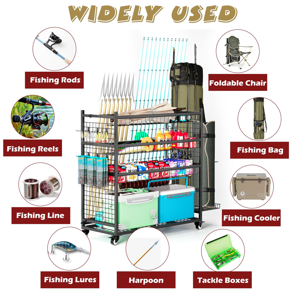 ztysn Fishing Rod Storage With 15 Hooks For Garage, 45.2in Extra Large Fishing Pole Holder Gear Organizer Rack Up To 20 Rods, Tackle Box Reel Storage Cart ztysn