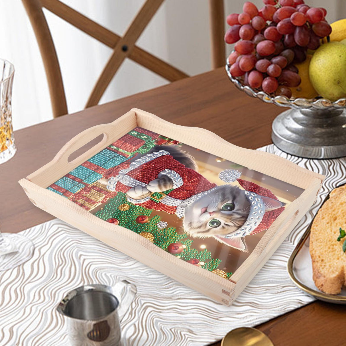 JZHYOAN Cat Diamond Painting Trays, Christmas DIY Special Platter Creative Design, Art Food Serving Platters for Party Supplies, Coffee Serving Table Tray for Living Room Dining Adults Woman Man JZHYOAN