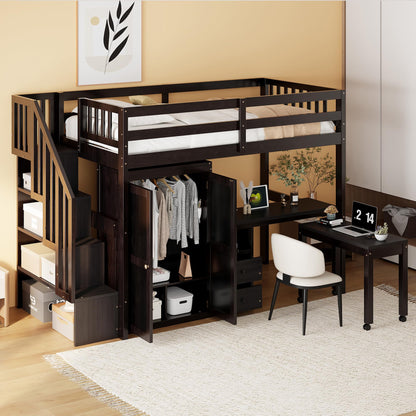 Harper & Bright Designs Twin Size Loft Bed with Stairs and Bookshelf, Wood Twin Storage Bed with Desk & Wardrobe, Space-Saving Multifunctional Furniture for Kids & Teens - Espresso