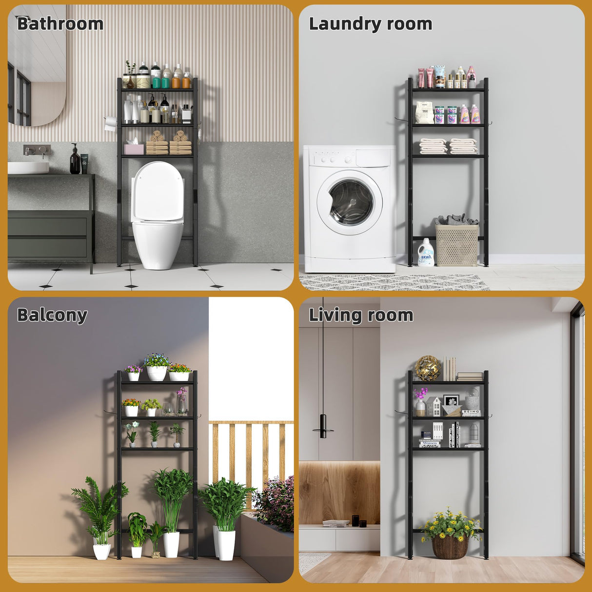 Livilord 3 Tier Over The Toilet Storage Rack with Toilet Paper Holder, Metal Freestanding Bathroom Shelves with 4 Hooks, Over Toilet Storage Shelf for Bathroom Storage, Black Livilord