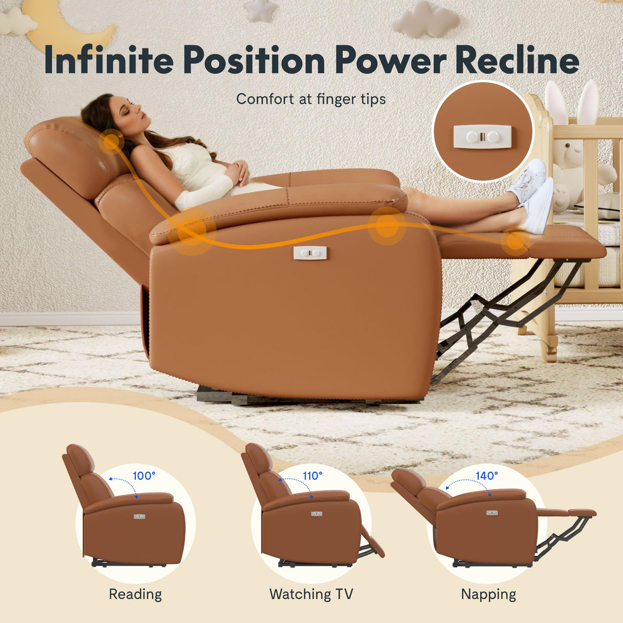 FLEXISPOT X3 Power Recliner Chair, Adjustable Electric Recliner with USB Port, Thick Cushion & Padded Back, Comfortable Faux Leather Chair for Adults, Living Room, Nursery, Home Theater (Saddle Brown) FLEXISPOT