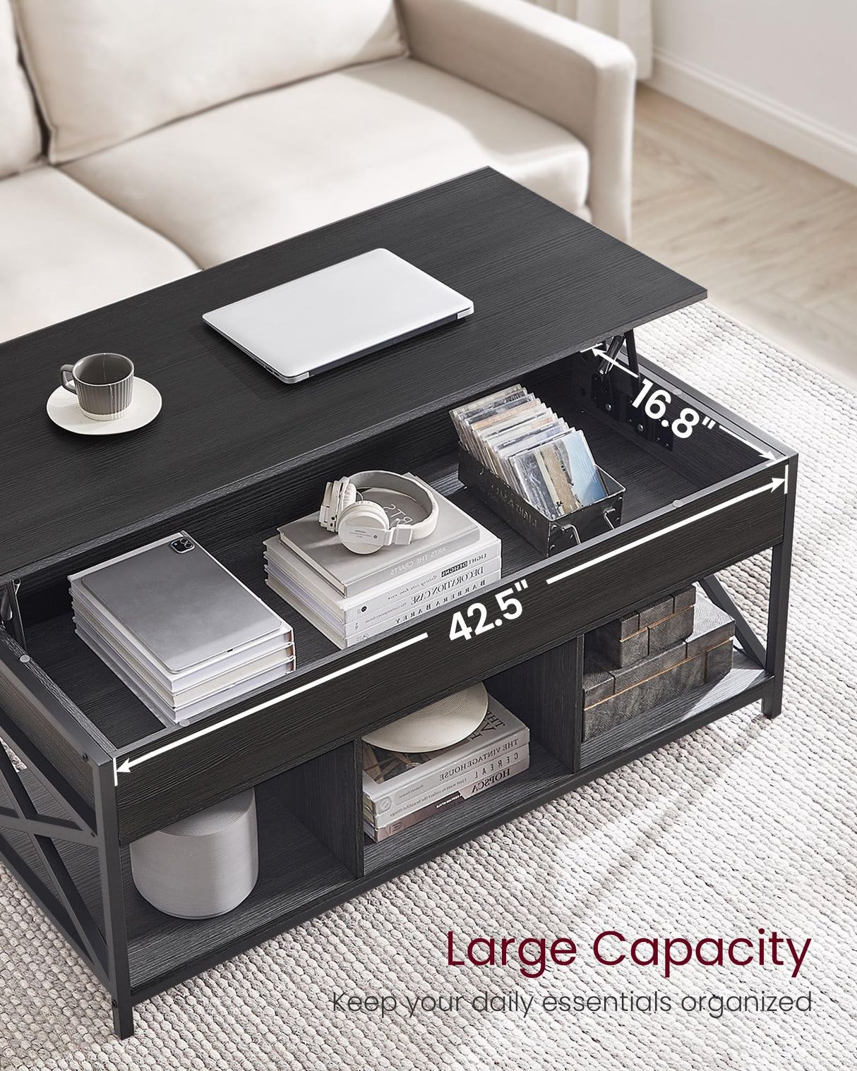 VASAGLE Lift Top Coffee Table, Lift Coffee Table with Storage Shelf, Hidden Compartments and Lifting Top, for Living Room, Office, 19.7 x 47.2 x (19.3-24.4) Inches, Black with Wood Grain ULCT212B22 VASAGLE