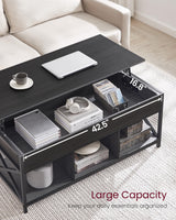 VASAGLE Lift Top Coffee Table, Lift Coffee Table with Storage Shelf, Hidden Compartments and Lifting Top, for Living Room, Office, 19.7 x 47.2 x (19.3-24.4) Inches, Black with Wood Grain ULCT212B22 VASAGLE