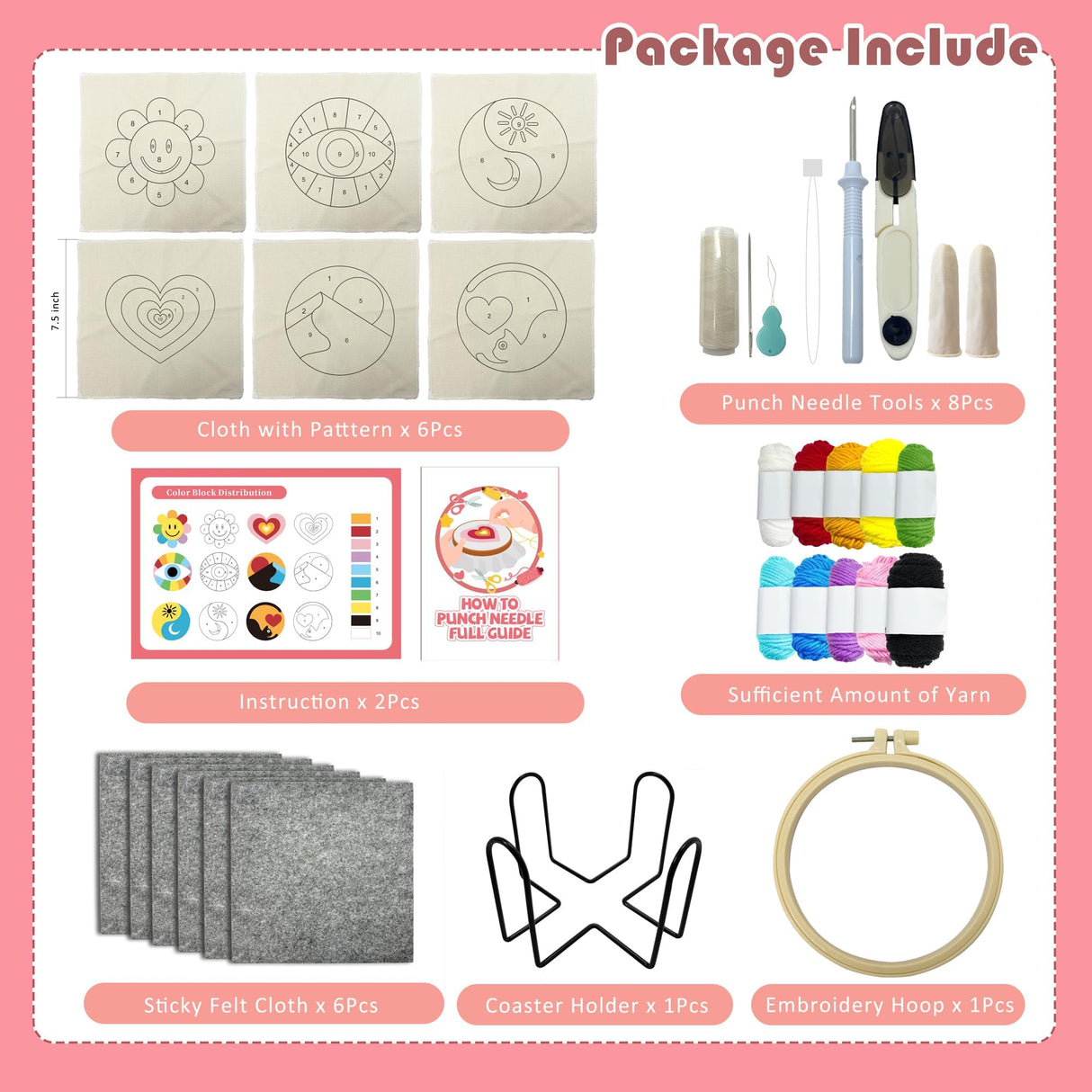 SEREDH Punch Needle Coasters Kit for Beginners Adults Easy Needle Punch Embroidery Kit Set Threader Instruction Fabric Hoop Yarn Tufting Coaster DIY Making,Coaster Holder Coaster Art Craft Supplies SEREDH