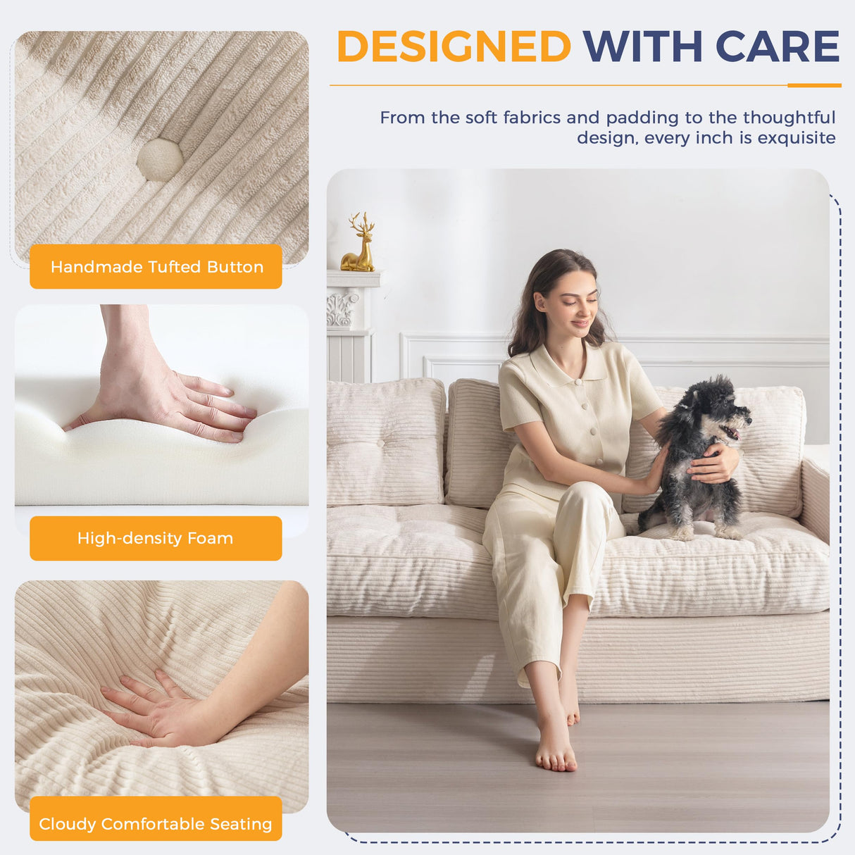 MAXYOYO 3 Seater Couch for Living Room, Boneless Couch with Tufted Cushion & Backrest, Upholstered Floor Sofa, Sofa in A Box, Beige MAXYOYO