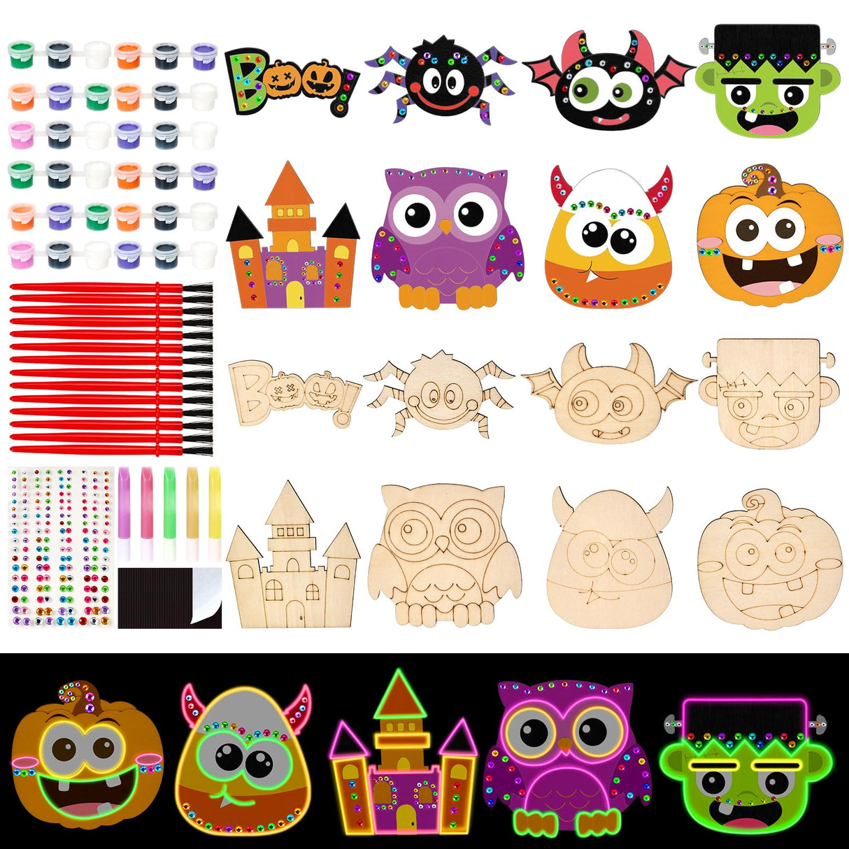Bafeil 24 Pcs Halloween DIY Wooden Magnets to Paint, Halloween Glow in The Dark Wood Painting Crafts, Fridge Magnets Craft Kits for Boys Girls, Activities Party Favors Goodie Bag Stuffers Games Gifts Bafeil