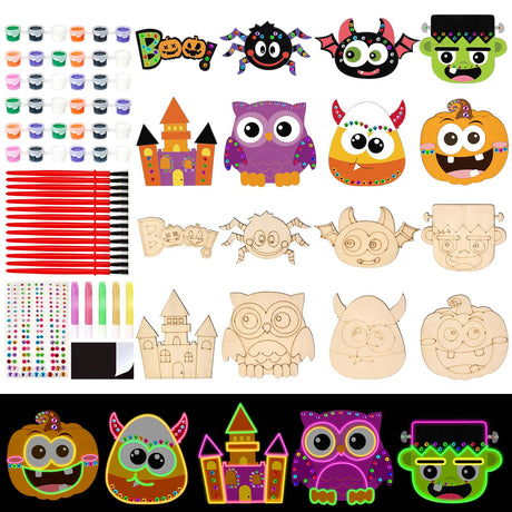 Bafeil 24 Pcs Halloween DIY Wooden Magnets to Paint, Halloween Glow in The Dark Wood Painting Crafts, Fridge Magnets Craft Kits for Boys Girls, Activities Party Favors Goodie Bag Stuffers Games Gifts Bafeil