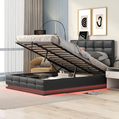 Harper & Bright Designs Full Size Lift Up Storage Bed with LED Lights and USB Charger, Black Faux Leather - WoodArtSupply